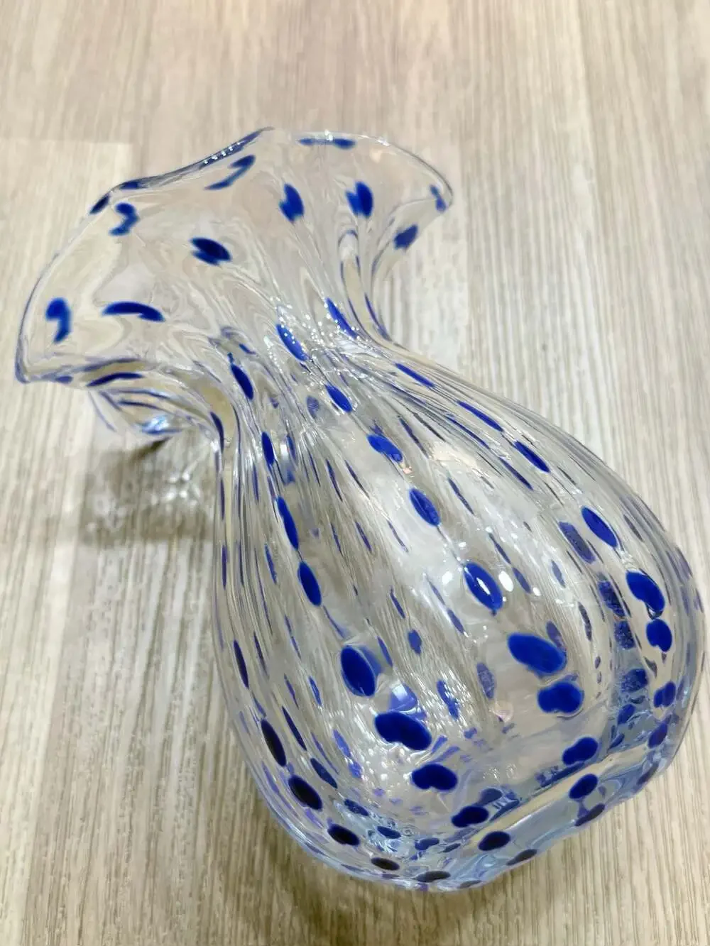 Hand Blown Clear Glass Vase with Cobalt Blue Polka Dots and Ruffled Rim